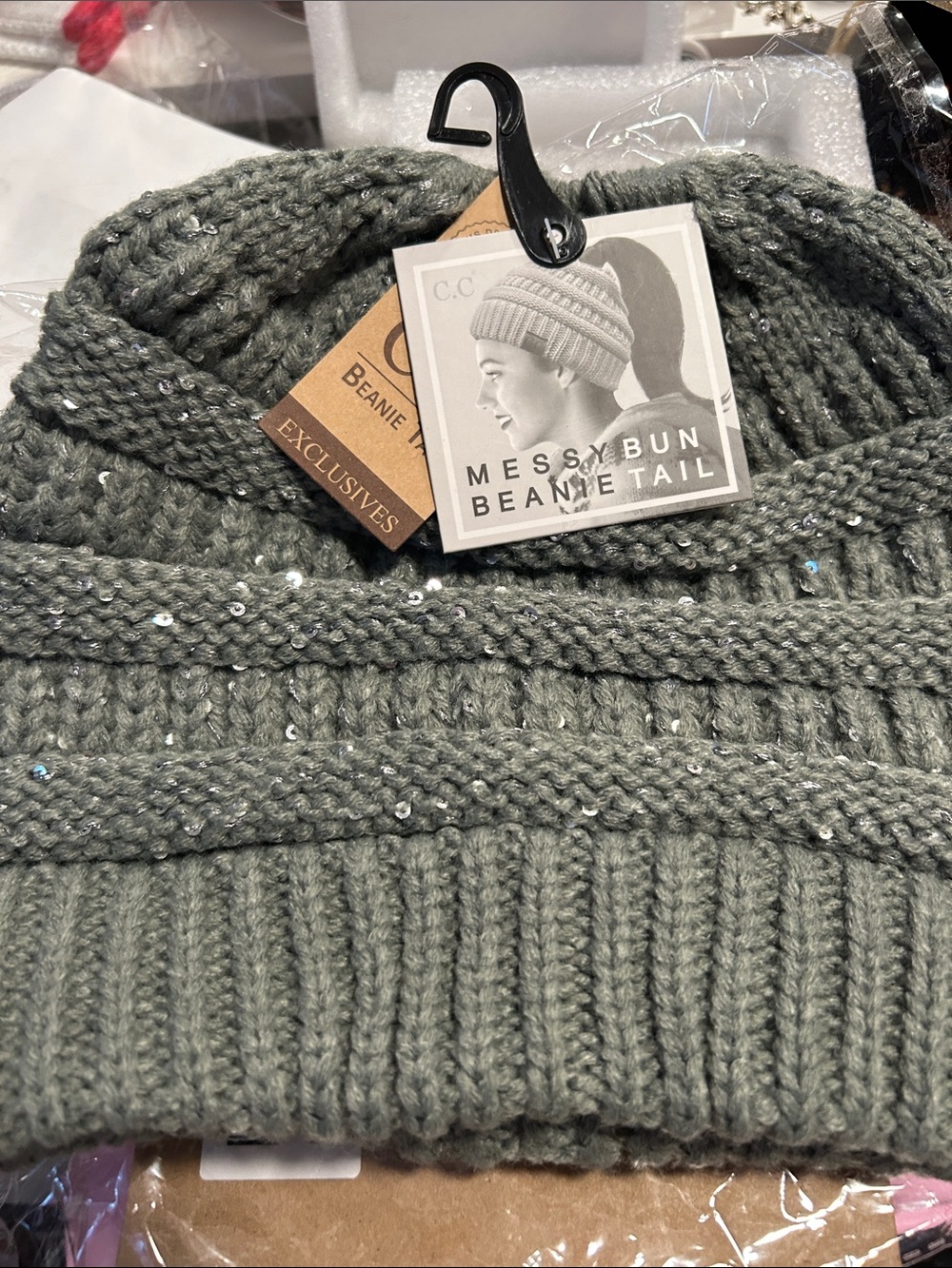 C.C Sage Green Messy Bun Beanie with Sequins